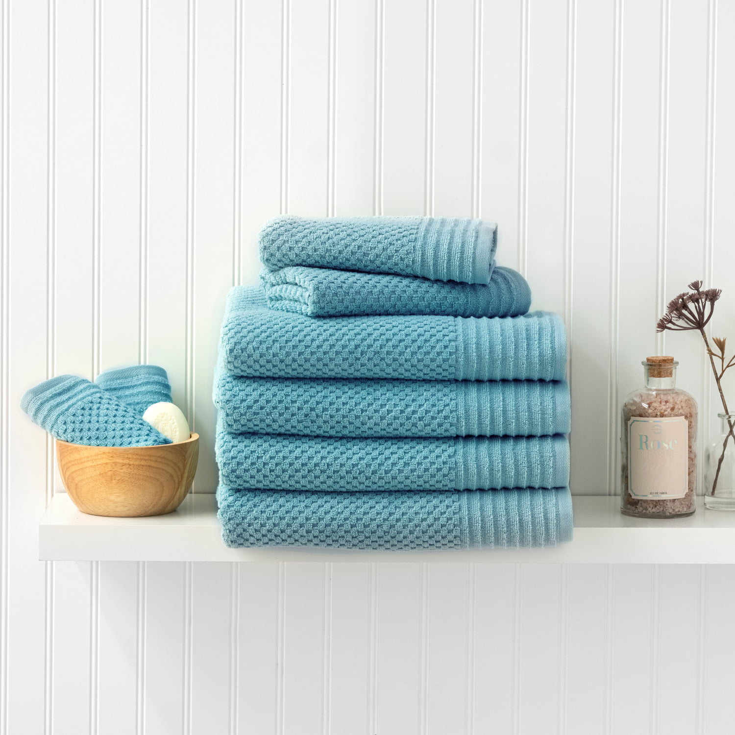 New Martha Stewart sculpted towel set with 2 bath towels, 2 hand towels & 2  wash cloths in a beautiful Dusty Aqua color. Entire set for one money. -  Rocky Mountain Estate Brokers Inc.