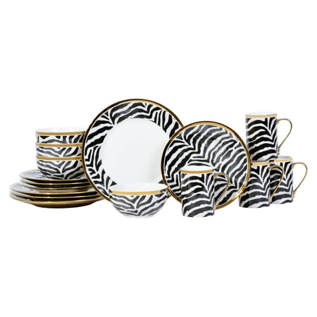 

222 Fifth Serengeti Zebra With Electropated Gold 16 Piece Dinnerware Set