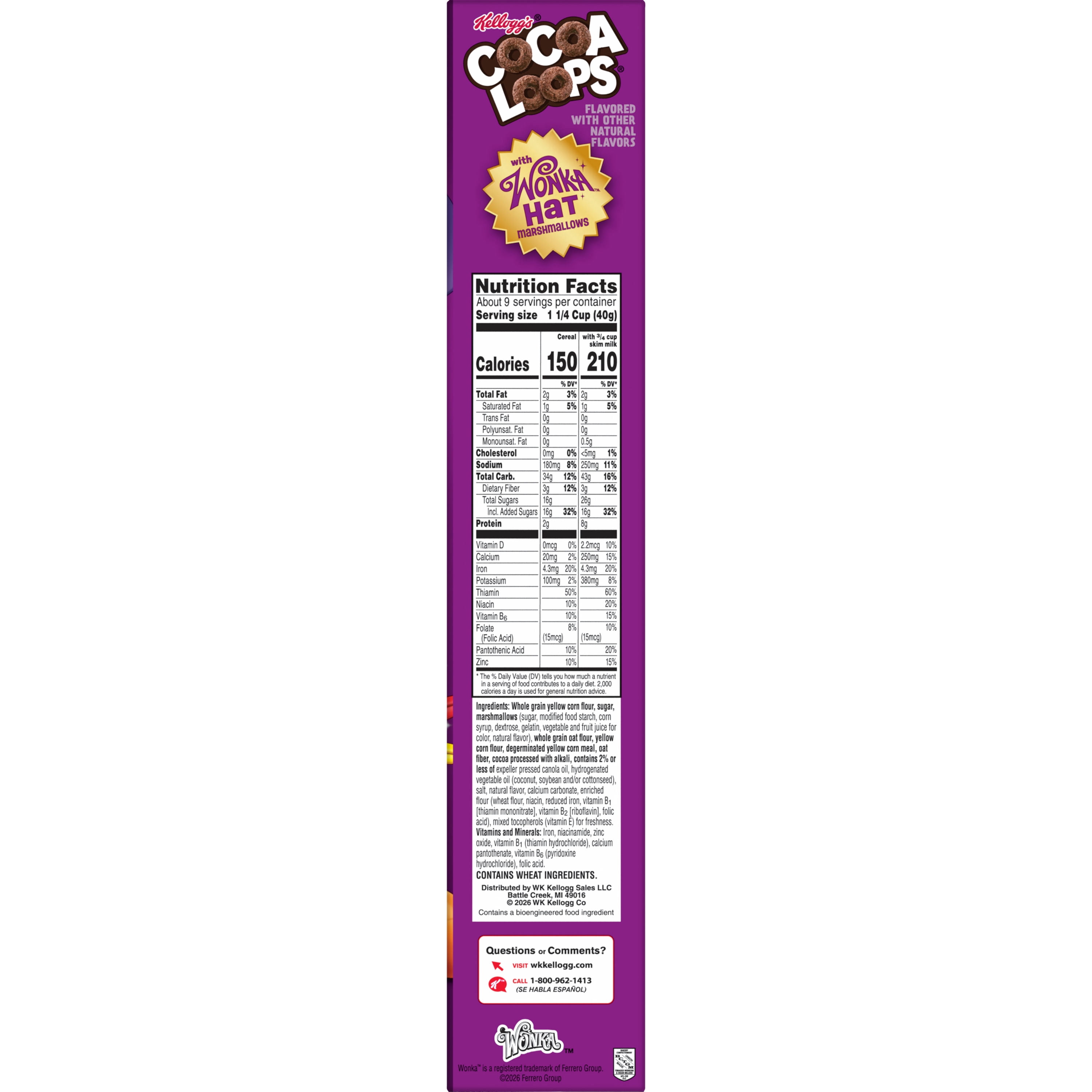 Kellogg's Cocoa Loops Cereal with Wonka Hat Marshmallows, Good Source of Fiber, 13.3oz