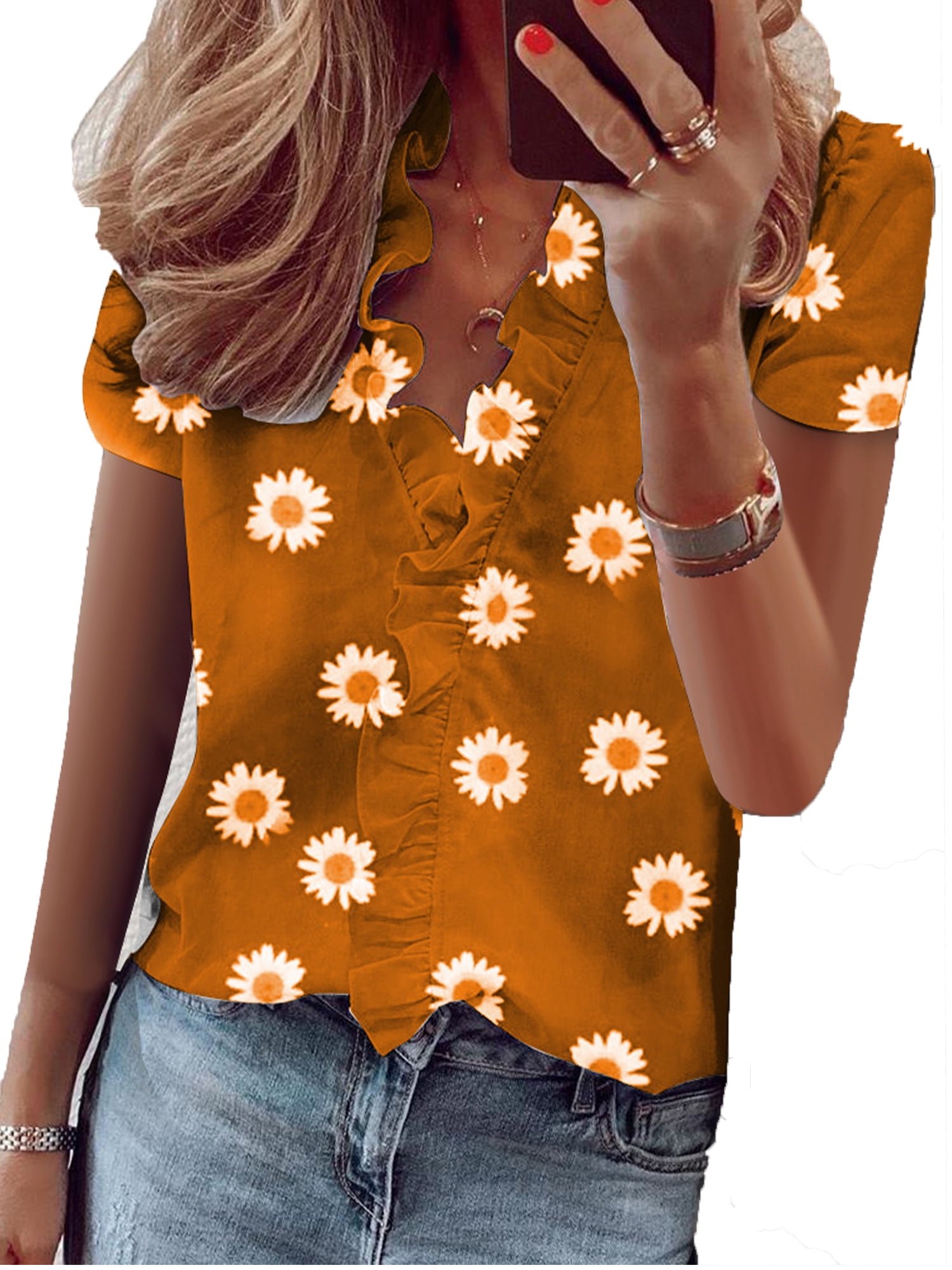 Beach Tee Blouse Summer Short Sleeve V Neck Loose Tops Boho Women Floral T Shirt 