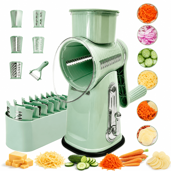 QOPR Rotary Cheese Grater with Handle, 5 Stainless Steel Blades Vegetable Slicer, Cheese Shredder, Food Chopper with Peeler & Storage Cup, Green