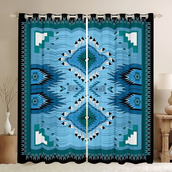 Homewish Tribal Aztec Adult Black Out Curtains, Blue Triangle Abstract Curtains Pack of 2 (42x63 Each), Western Hippie Bohemian Bedroom Curtains, Curtains and Drapes Decor