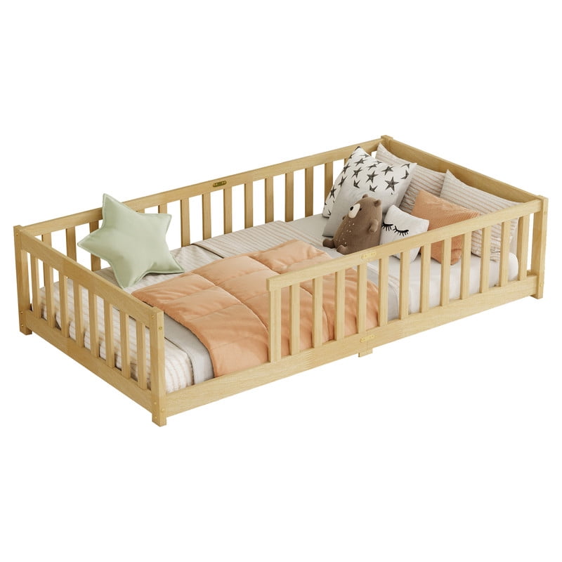 Mirightone Twin Size Floor Bed, Wood Montessori Floor Beds with Fence Railings and Slats Support, Twin Playhouse Bed Frame, No Box Spring Needed, (Natural)