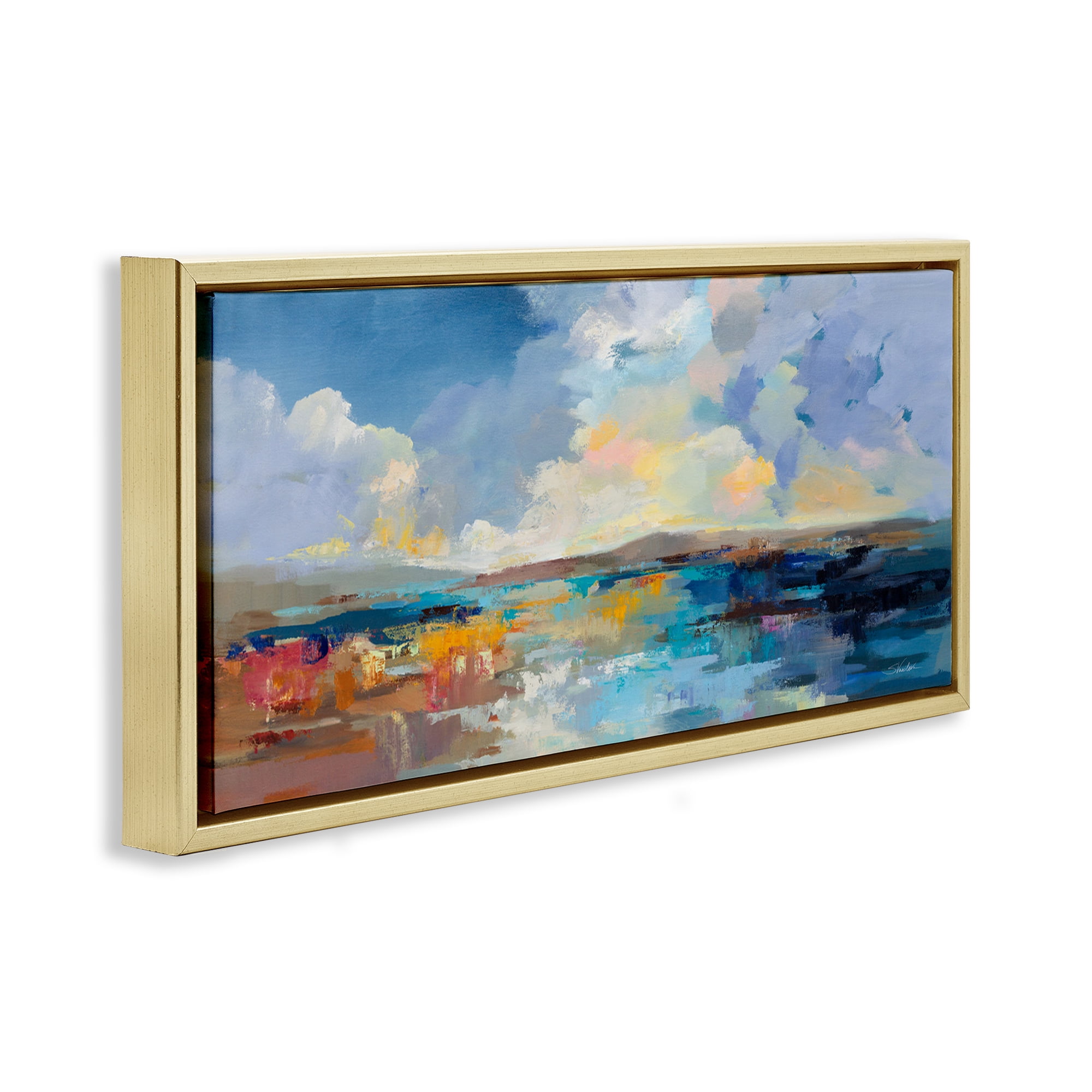 Stupell Industries Seaside Sunset Abstract Landscape Painting Gold Floater Framed Canvas Art Print Wall Art, 31 x 14