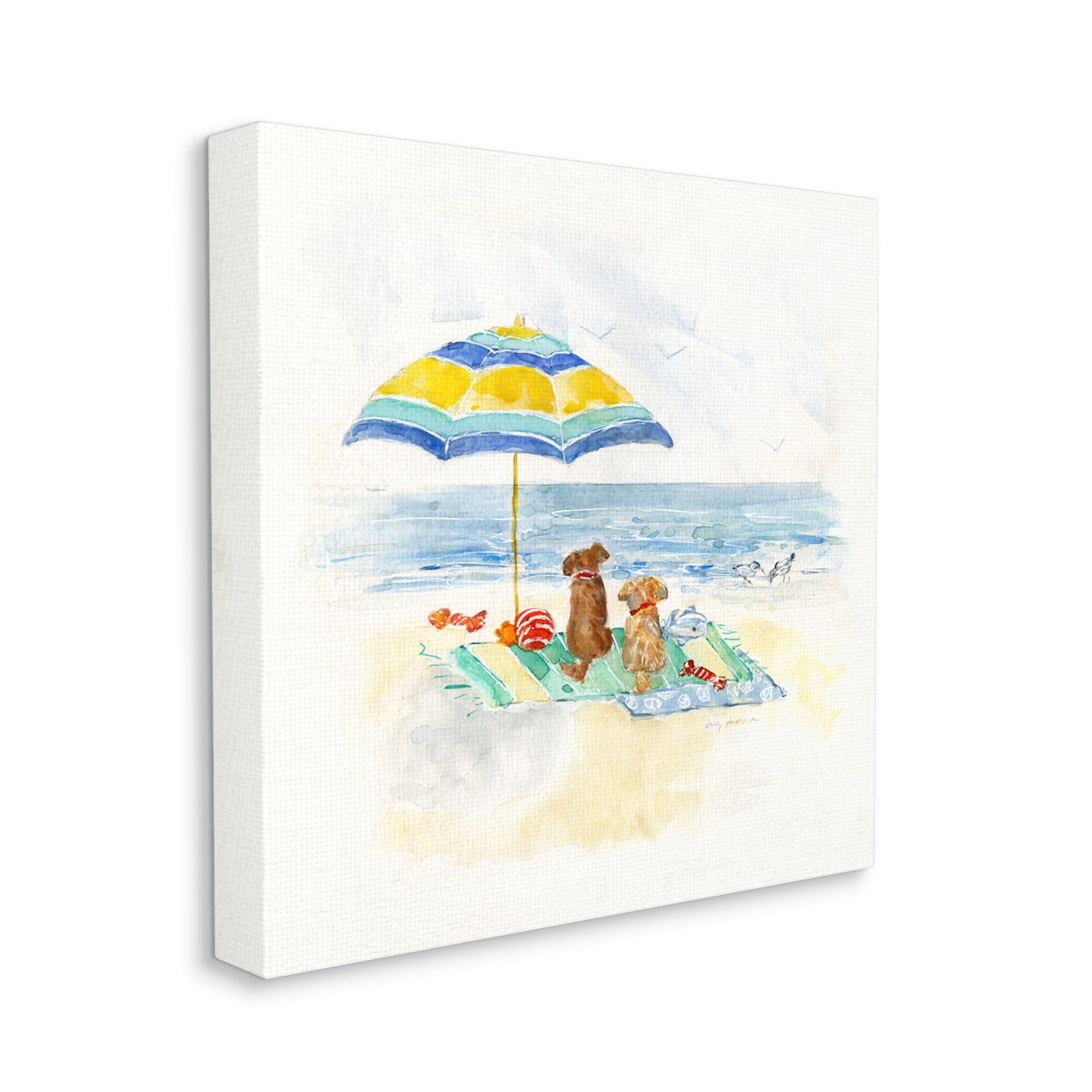 Stupell Industries Cute Playful Dogs Relaxing Beach Umbrella Shoreline Painting Coastal Painting Gallery-Wrapped Canvas Print Wall Art, 17 x 17, Design by Sally Swatland
