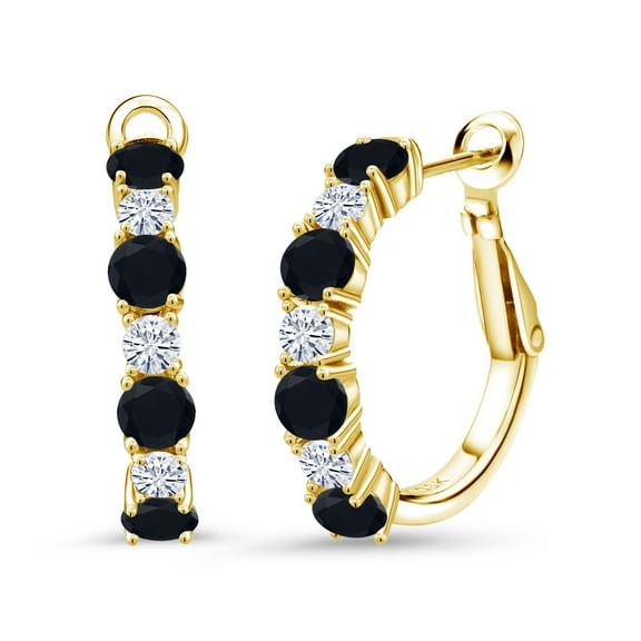 Gem Stone King 18K Yellow Gold Plated Silver Black Onyx and White Moissanite Hoop Earrings for Women (2.36 Cttw, Gemstone December Birthstone, Round 4MM and 3MM)