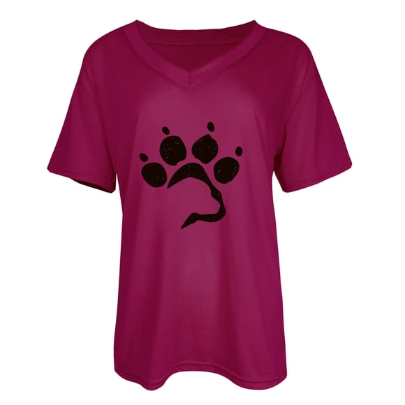 Fashion Women V-neck Cat Paw Short-sleeved Casual Printed Top T-shirt