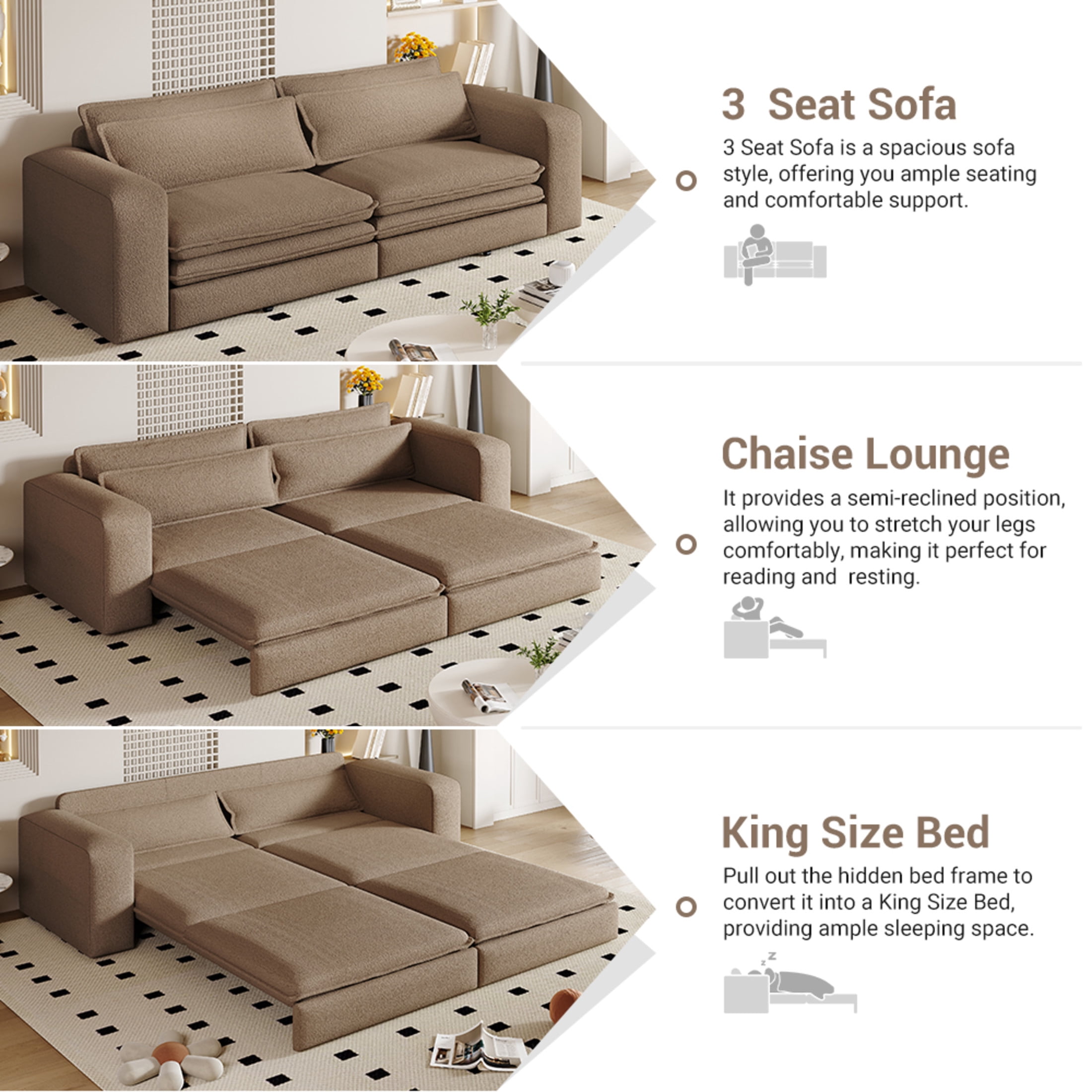 Noble House Rachel Convertible Sleeper Sofa Bed, Sherpa Fleece 3-Seat Pull Out Couch with Lumbar Pillows, Camel