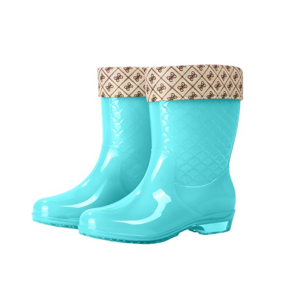hopeusnice Women Tall Rain Boots With Floral Print Cuff Waterproof PVC Upper Non Sole For Wet Weather And Gardening Blue 36