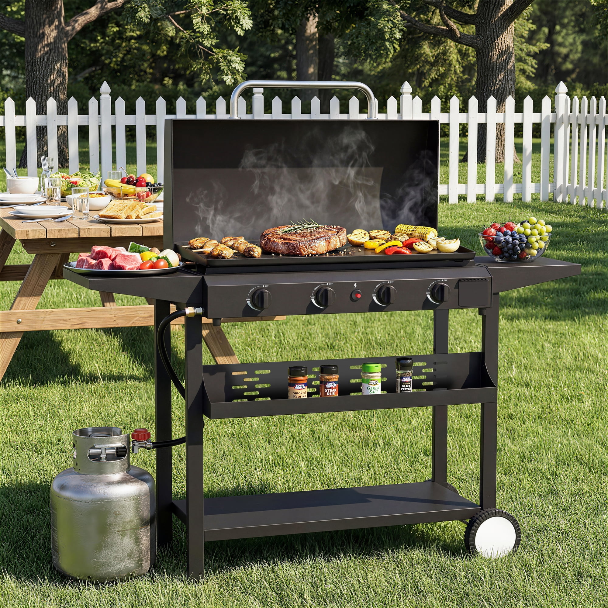 SKOK 30'' Portable 4-Burner Flat Top Gas Griddle with Hood, 60,000 BTU Outdoor Propane Griddle Station, 426 Sq. In. Cooking Surface & Side Shelves for BBQ, Camping, Tailgating, Black