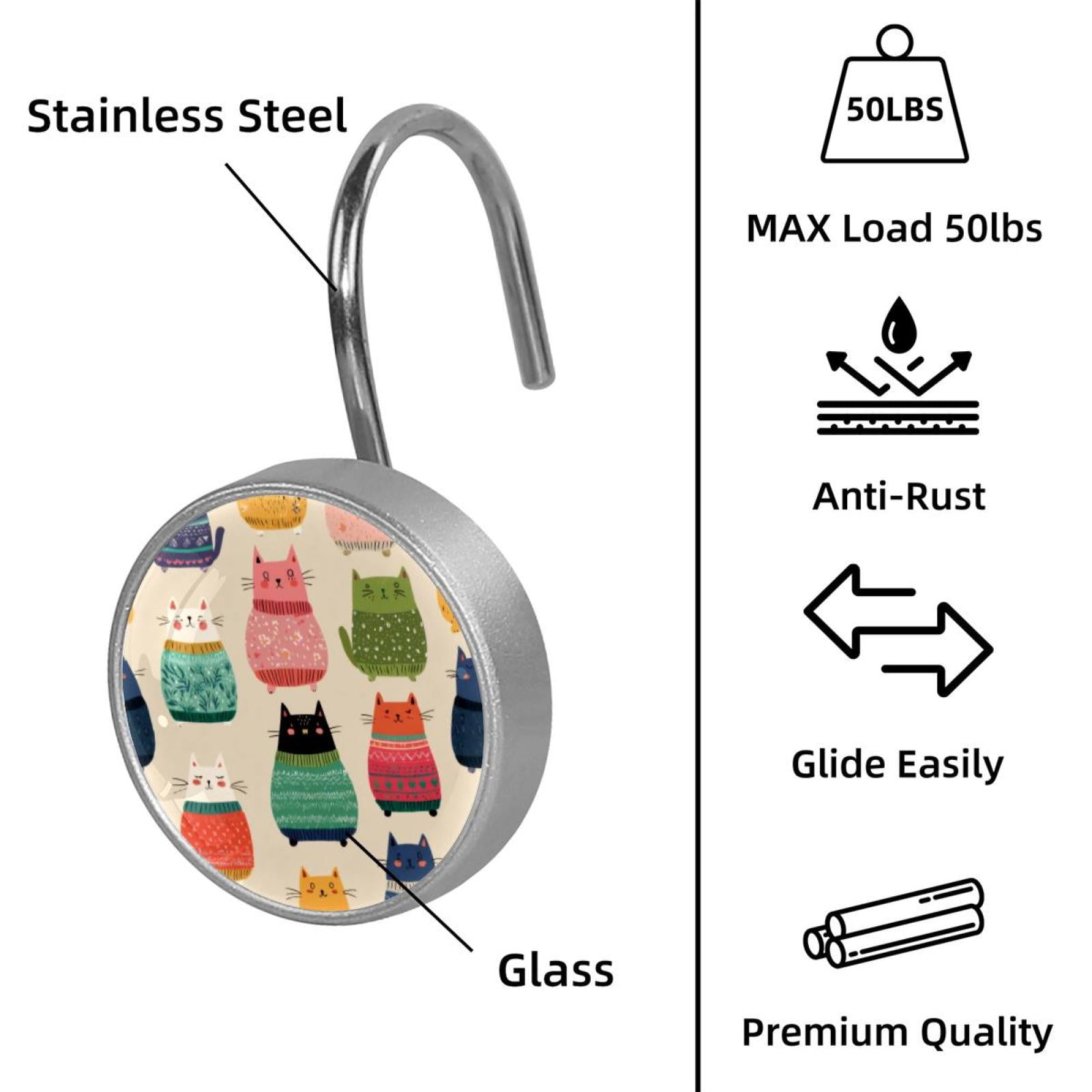 12pcs Decorative Shower Curtain Hooks, Rust Resistant Shower Rings for Bathroom Living Room,Rustproof Stainless Steel Rings for Shower Curtain and Liner Rods,Sweater Colorful Cat