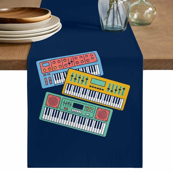 Blue Yellow Green Pianos Table Runner, Colorful Instrumentation Style Washable Cotton Linen Table Runners 72 Inches Long, Dresser Scarf Runner for Dining/Coffee/Kitchen/TV Stands/Cabinets 13''x72''