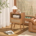 thumbnail image 5 of LELELINKY Mid Century Nightstand with Rattan Accents, Bedside Table with Drawer and Open Shelf, Solid Wood Legs, Tea Color, 5 of 7