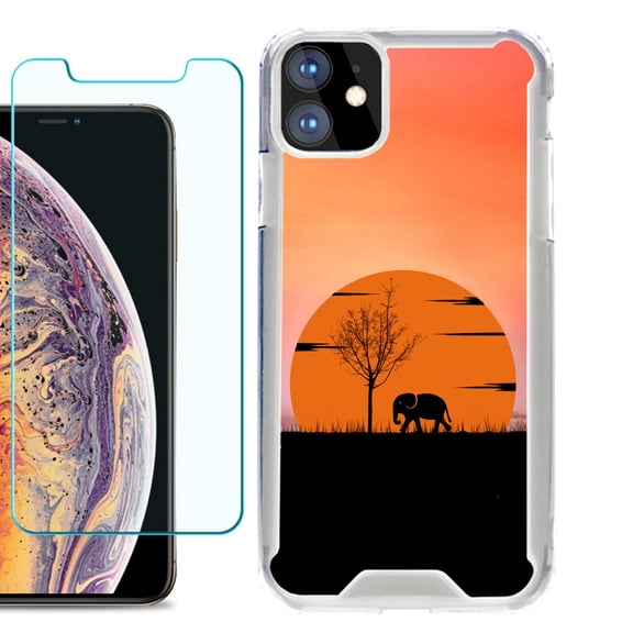 For Apple iPhone 11 Case, Hybrid Bumper Phone Case, with Tempered Glass Screen Protector, by OneToughShield ® - Sunset Elephant