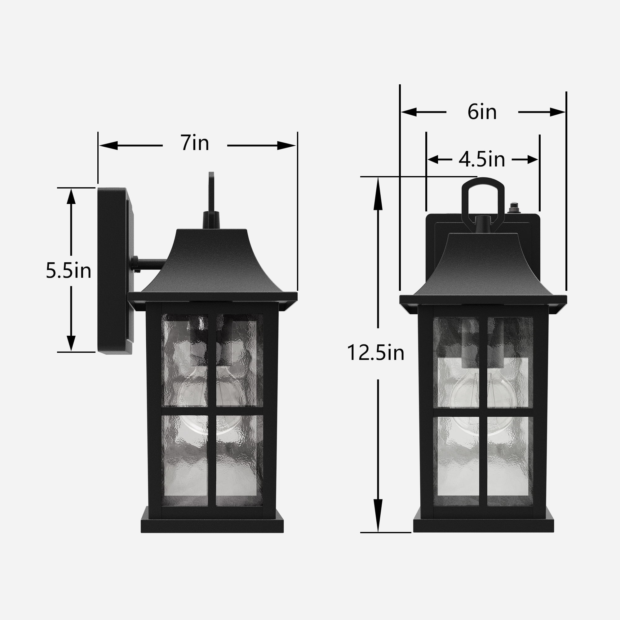 Maxax 2-Pack Black Outdoor Wall Lights, Waterproof Dusk-to-Dawn Exterior Wall Lanterns with Ripple Glass for Porch, Garage, Entryway, Patio