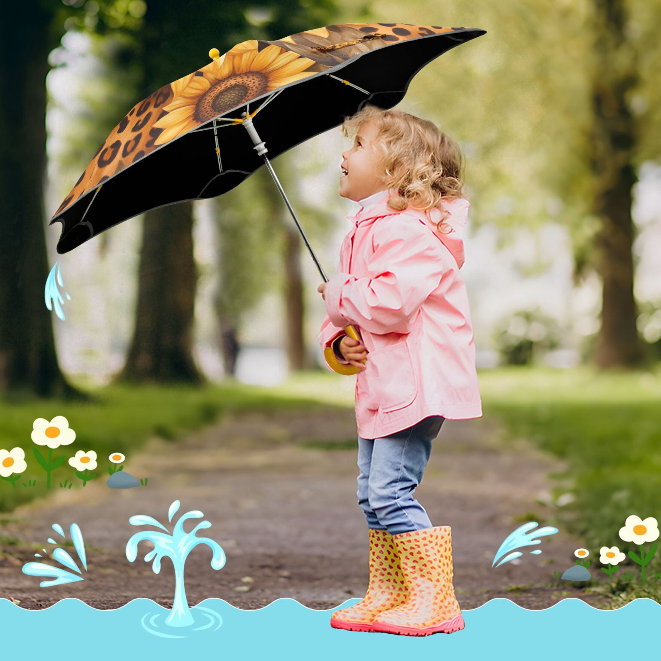 BZSMCE Folding Umbrellas Rain & UV Protection Windproof In Sunflower Safari Pattern