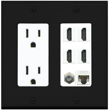 - RiteAV 15A Power Outlet, 4 HDMI, 1 Cat5e Ethernet, 1 Coax Cable TV Wall Plate - Black/White