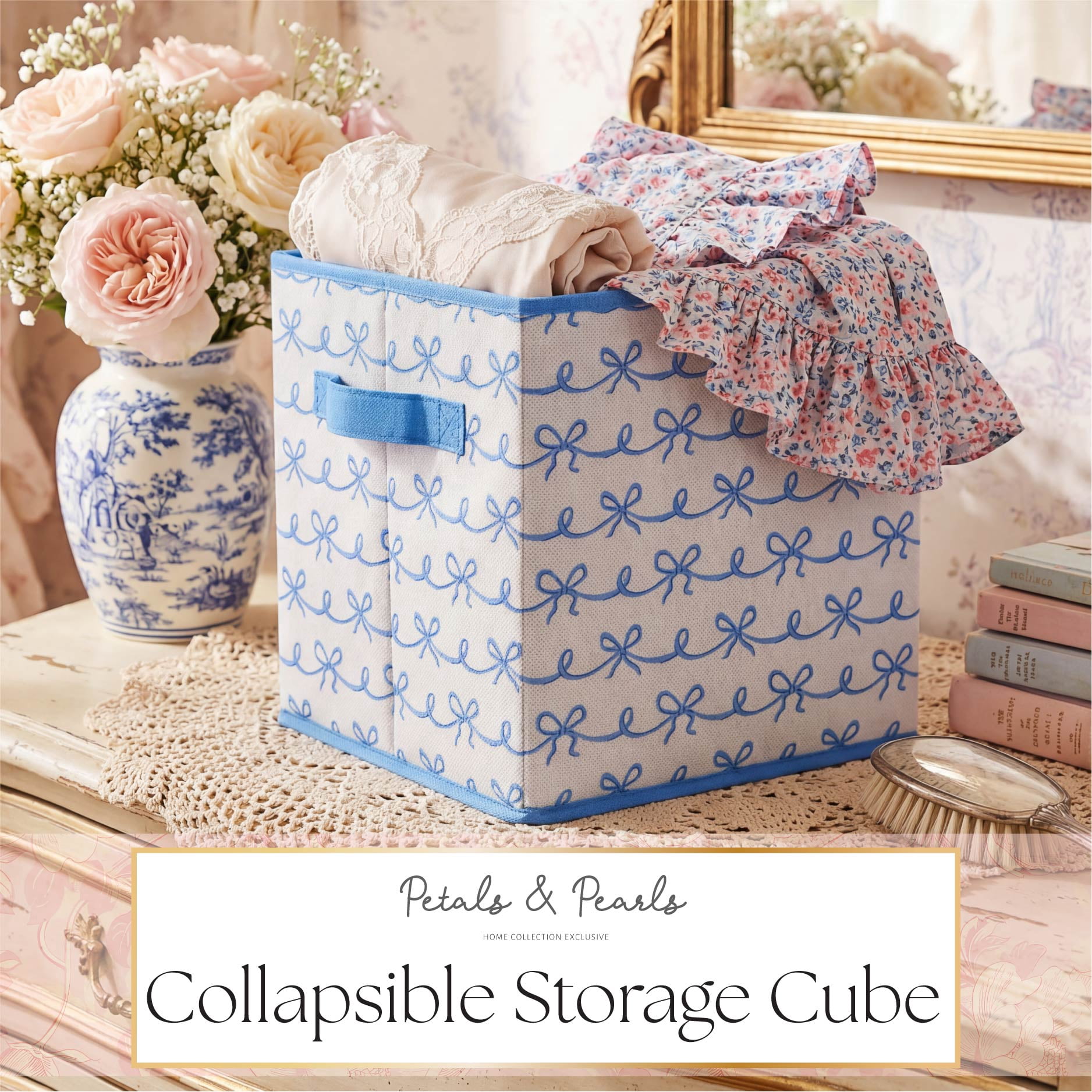Urban Shop Petals and Pearls Collapsible Storage Cube, Ribbon Blue