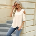 thumbnail image 6 of Fesfesfes T Shirts for Women Women Spring And Summer Off The Shoulder Round Neck Lace Patchwork 3/4 Sleeve Loose Tops Loose Fitting Tops for Women M(US:6), 6 of 9