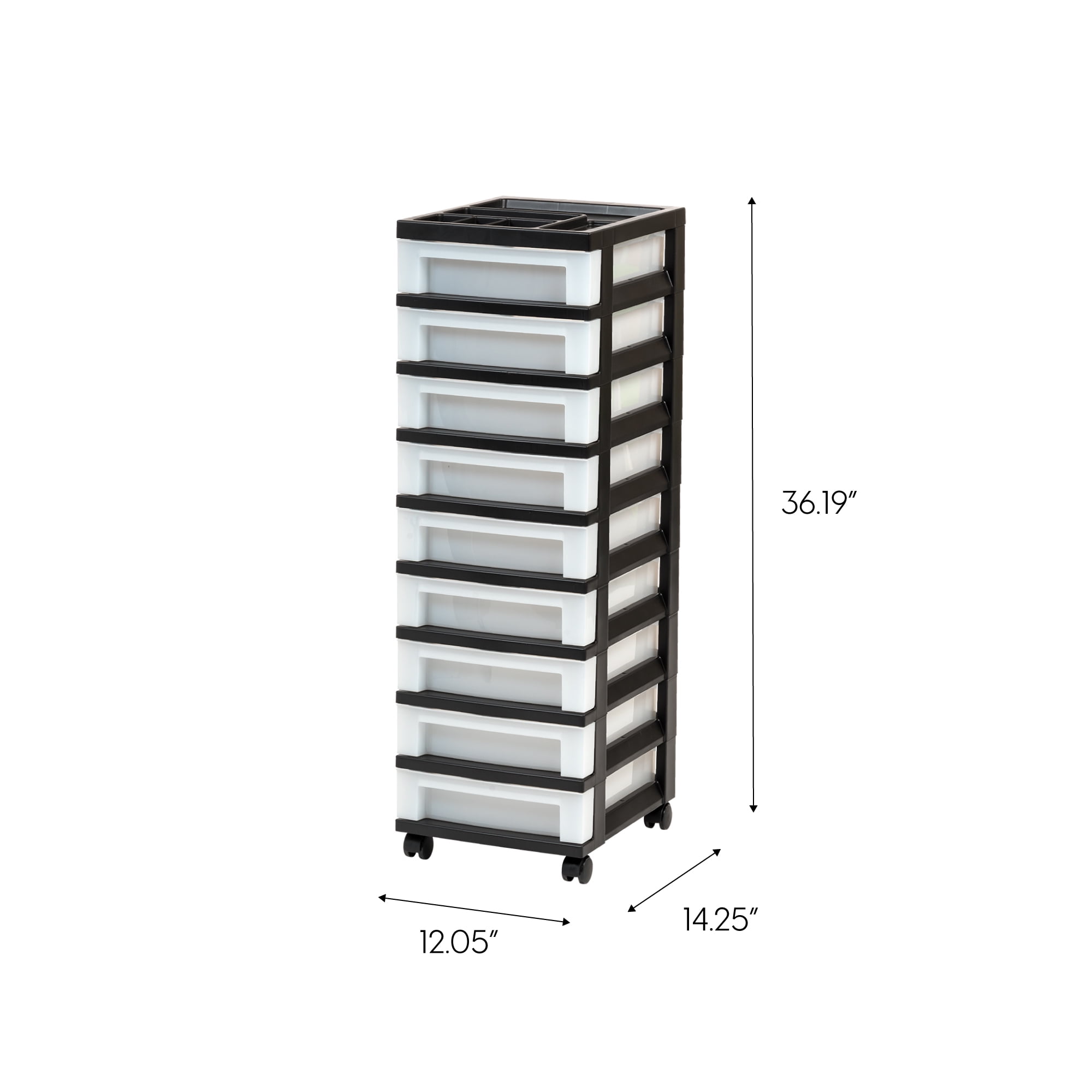 IRIS 9-Drawer Narrow Plastic Storage Drawer Cart with Organizer Top, Black