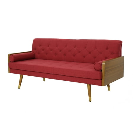 Demuir Mid Century Modern Tufted Fabric Sofa with Rolled Accent Pillows, Red