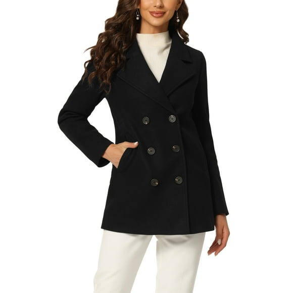 Women's Long Sleeves Double Breasted Button Winter Outerwear Pea Coat L Black
