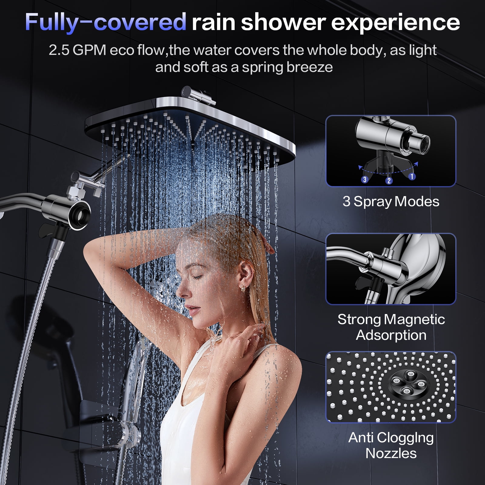 Scootworks 12 Inch High Pressure Rain Shower Head Combo with Adjustable Extension Arm, 10 Mode Detachable Handheld Shower Head with Hose 59 inch Stainless Steel and Adjustable Bracket