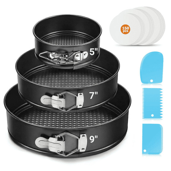 3 Set of Springform Pan Set (5/7/9 Inch), Round Nonstick Baking Pans with Detachable Bottom for Baking Cakes Pie and Flan, Includes Parchment Papers and Scrapers