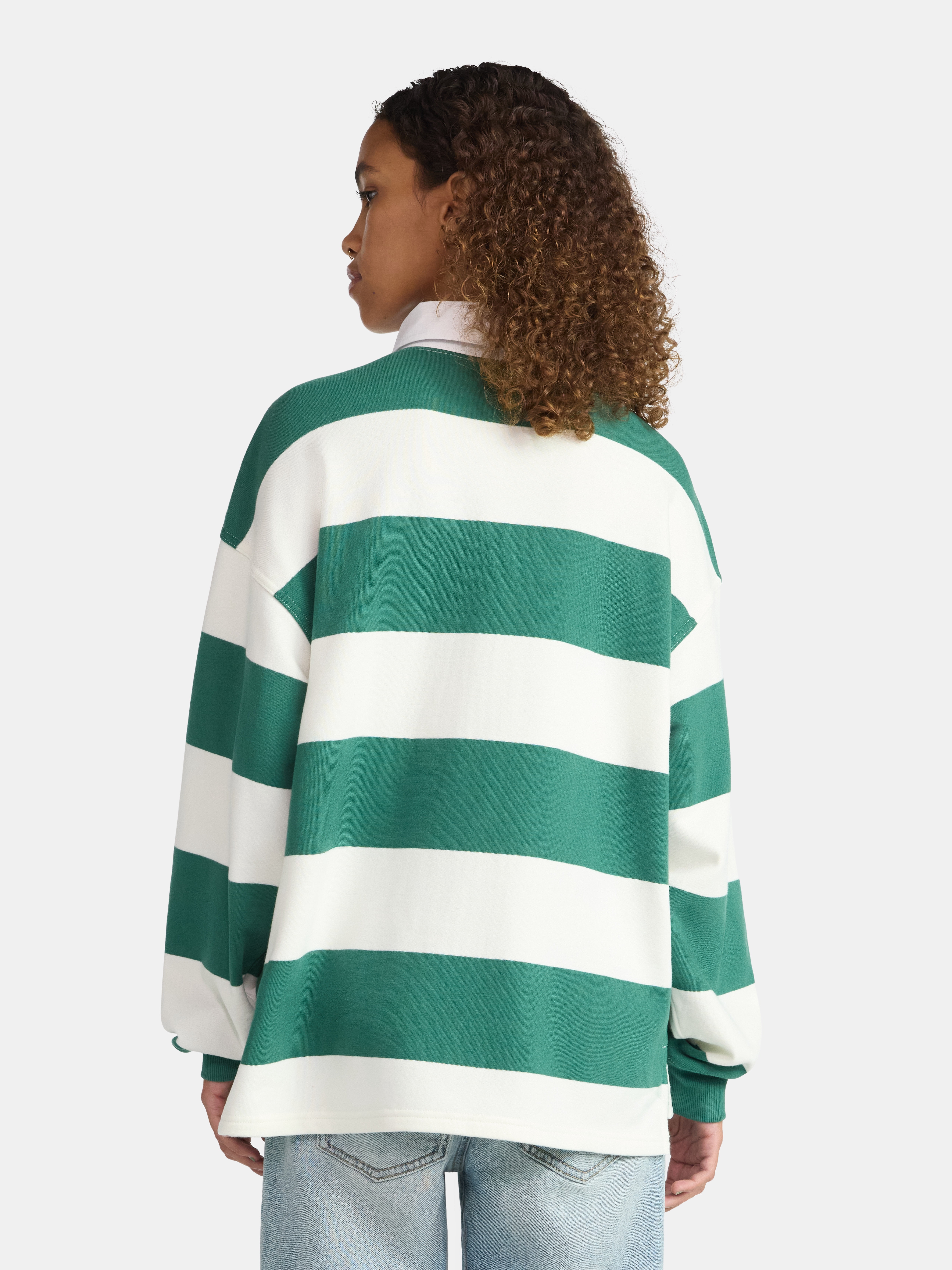 No Boundaries French Terry Rugby Polo Top with Long Sleeves, Women's