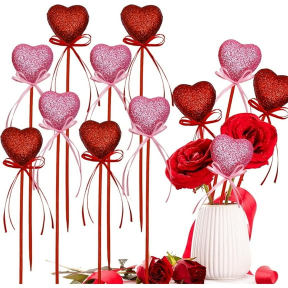 Valentine's Day Decorations,Glitter Red Pink Puffy Heart Picks,Foam Heart Picks,Love Heart Sparkly Sticks,Valentine's Day Floral Picks for Wedding Flower Arrangements Floral Bouquet Supplies,12 Pcs