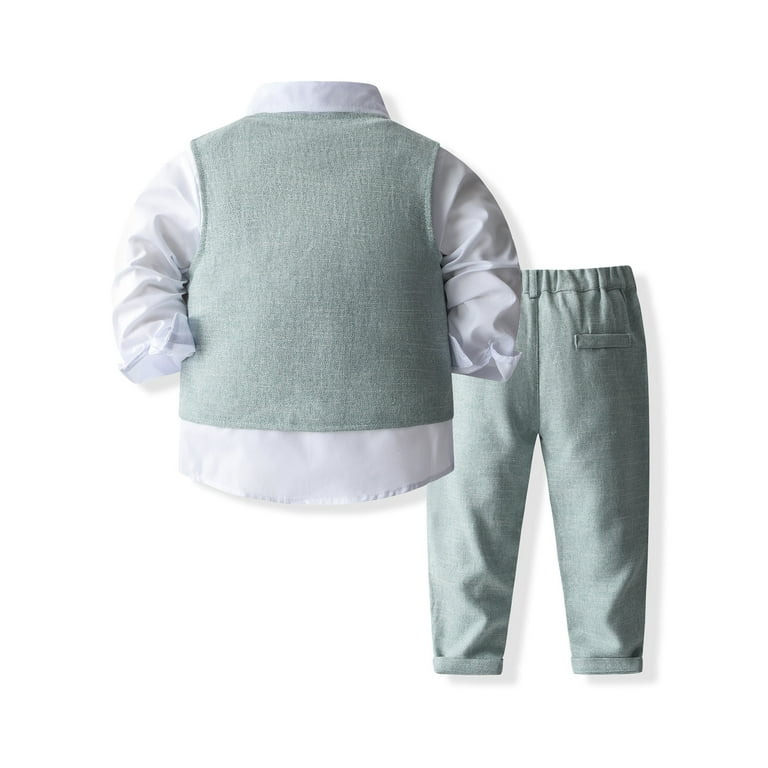 Qtinghua Toddler Baby Boy Gentleman Suit Long Sleeve Lapel Collar Shirt Button Up Vest Pants Set Green 3 4 Years Infant Boy s
