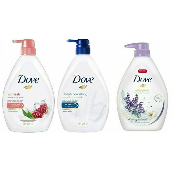 Dove Body Wash with Pump Variety Pack of 3- I Liter Bottle-Revive Pomegranate Lemon Verbena, Relaxing Lavender, Deep Nourishing
