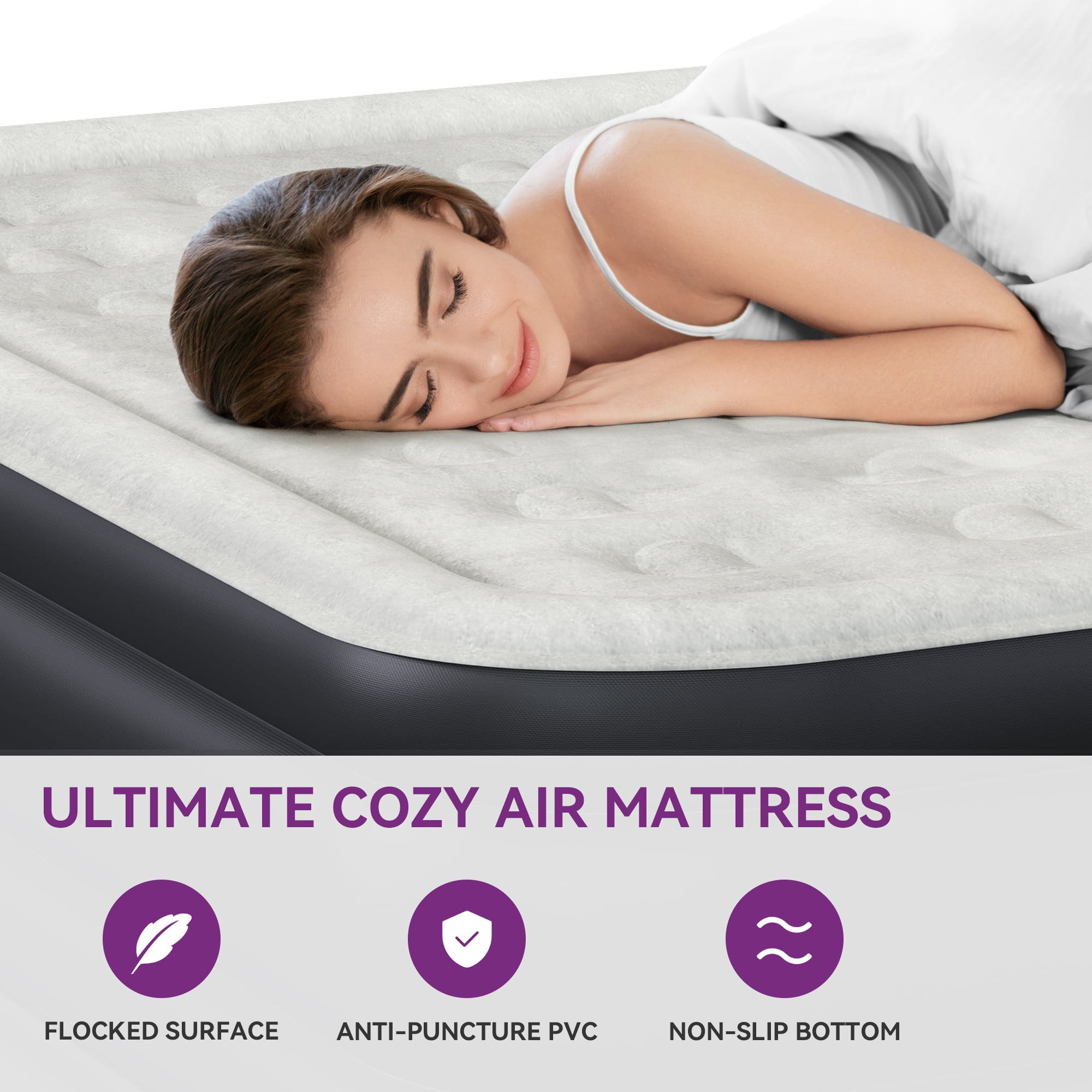 Uforic Queen Size Inflatable Air Mattress with Headboard, Built-in 120V Pump & Carry Bag, 18 Inch Height Blow Up Mattress for Home Camping Travel