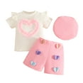 thumbnail image 2 of Conjuntos de blusas y camisas de cuello redondo y manga corta para niños, falda corta de manga larga con tiras en las axilas, pantalones, boina, conjunto de 3 piezas, pantalones cortos con cuentas de, 2 of 8