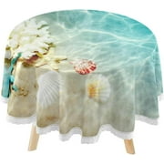 SKYSONIC Starfish Coral Seashell Beach Round Tablecloth 60inch Indoor Wrinkle Free, Blue Sea Water Summer Circular Lace Table Cover Washable for Kitchen Party BBQ Dining Decor