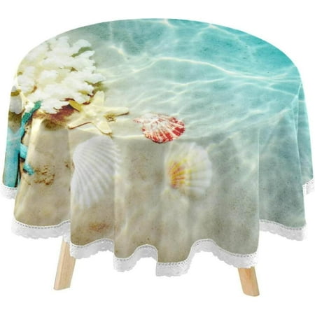 SKYSONIC Starfish Coral Seashell Beach Round Tablecloth 60inch Indoor Wrinkle Free, Blue Sea Water Summer Circular Lace Table Cover Washable for Kitchen Party BBQ Dining Decor