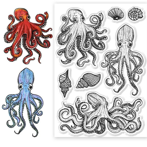 1sheet Octopus Clear Stamps Silicone Stamps Sea Animal Background Transparent Stamps for Card Making Scrapbooking Photo Album Decoration 4.3x6.3inch