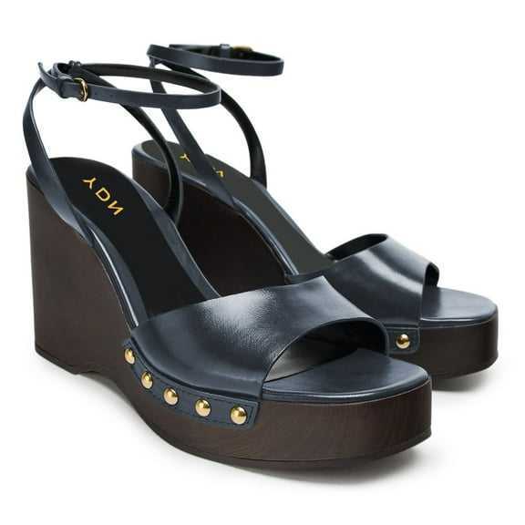 YDN Women Open Toe Platform Wedge High Heels Rivets Studs Ankle Strap Sandals Fashion Party Evening Shoes Size 7 Blue