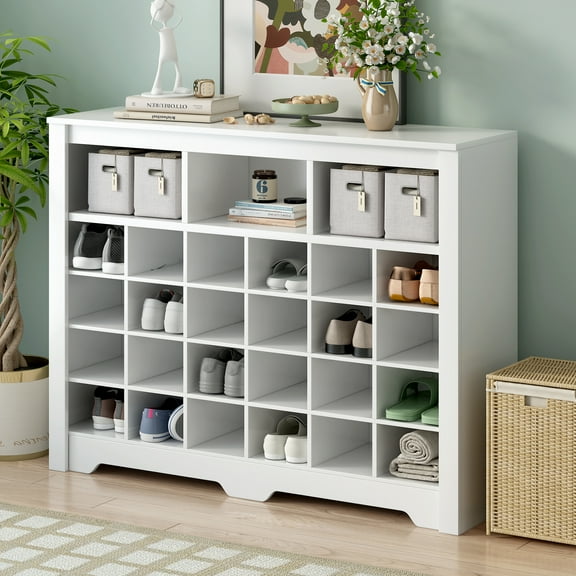 ON-TREND Sleek Design 24 Shoe Cubby Console, Modern Shoe Cabinet with Curved Base, Versatile Sideboard with High-quality for Hallway, Bedroom, Living Room, White