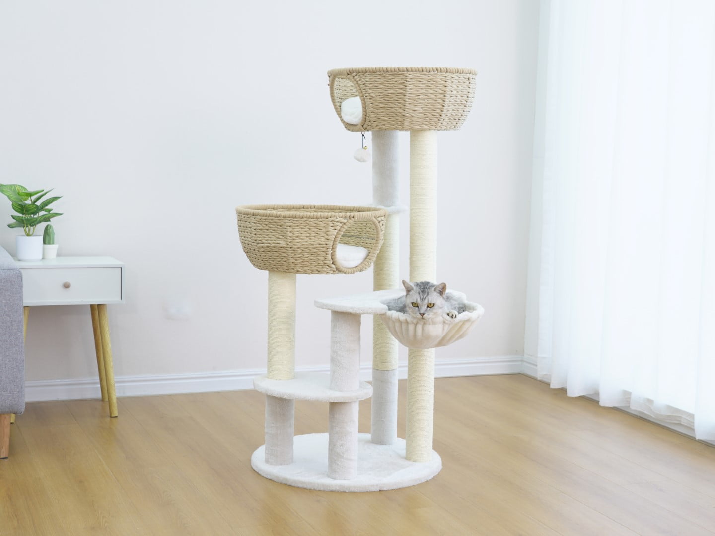 Home4Cat 48" Cat Tree with Two Handwoven Basket Bed, Hammock, Sisal Scratching Posts, Beige & Cream