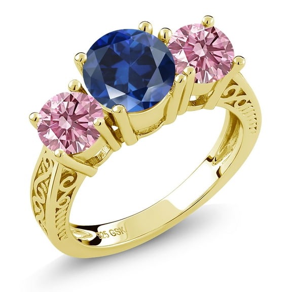 Gem Stone King 18K Yellow Gold Plated Silver Blue Created Sapphire and Pink Lab Grown Diamond Engagement Ring for Women | 2.60 Cttw | Round 7MM | Gemstone September Birthstone | Size 9