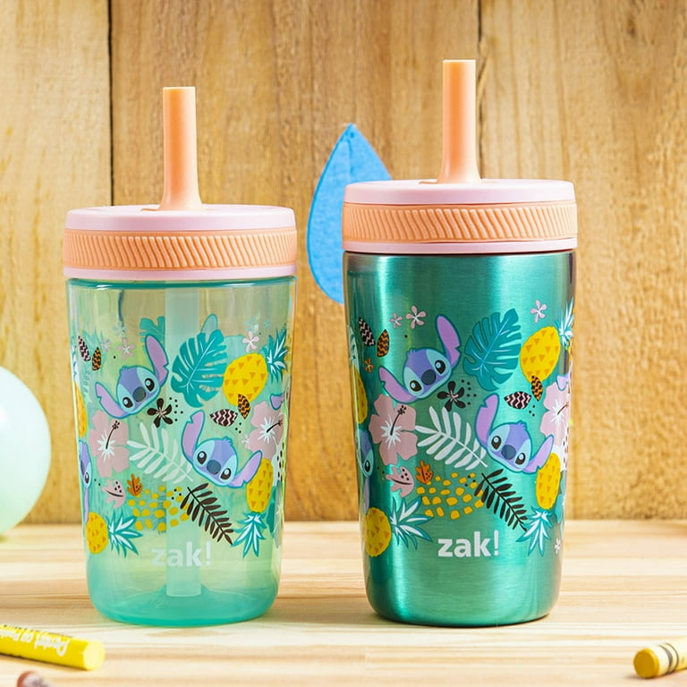 Zak Designs Disney Lilo and Stitch Kelso Tumbler Set, Leak-Proof Screw-On Lid with Straw, Bundle for Kids Includes Plastic and Stainless Steel Cups