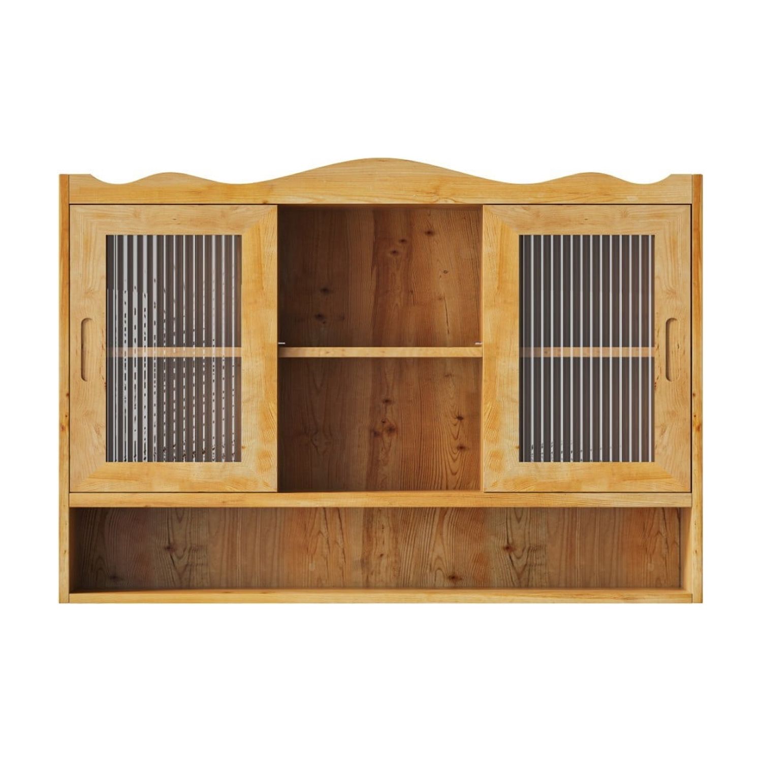 35.4" Retro Wall Mounted Storage Cabinet with 2 Sliding Glass Doors, 3 Tier Wooden Shelves, Space Saving Display Cupboard for Bathroom Kitchen Dining Room, Natural