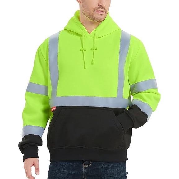 ProtectX Hi Vis Safety Hoodie for Men Women, Class 3 Reflective High Visibility Sweatshirt with Large Pocket, Long Sleeve Hooded Drawstring Pullover for Work & Construction, Green, X Large