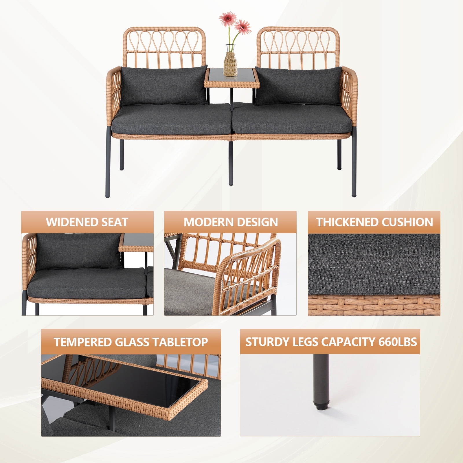 Tappio Outdoor Rattan Loveseat, Patio Rattan Conversation Set Seat Sofa Cushioned Loveseat Table Chairs with Built-in Coffee Table, Gray