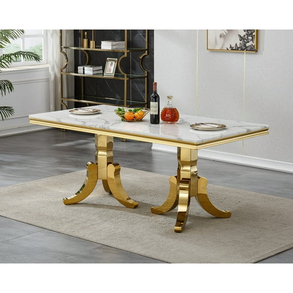Luxury Faux Marble Dining Table for 8, Rectangular 70" Kitchen Table with 0.71" Thick Printed Marble Top and Gold Stainless Steel Pedestal, Modern Dining Room Table for Kitchen Living Room
