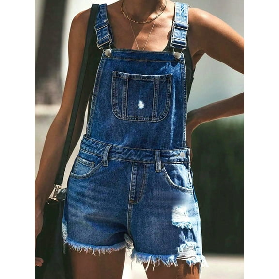 Women's Distressed Denim Overall Shorts Vintage Wash Frayed Hem Shortalls Fashion Vacation Pants