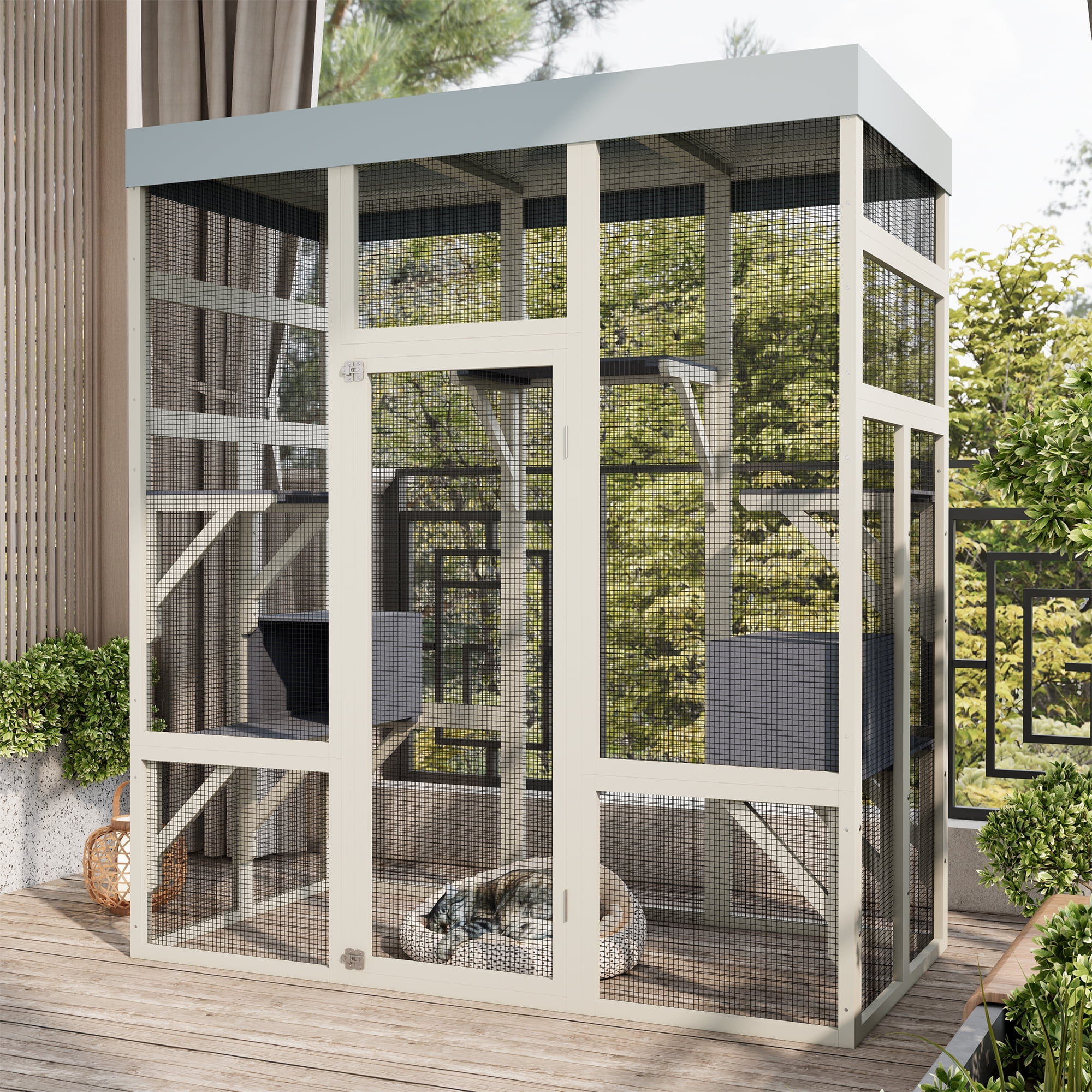70" Catio Outdoor Cat Enclosure, Large Wood Cat House for Multiple Cats, Waterproof Top, Spacious and Secure Cat Shelter Enclosure with Platforms and Resting Box