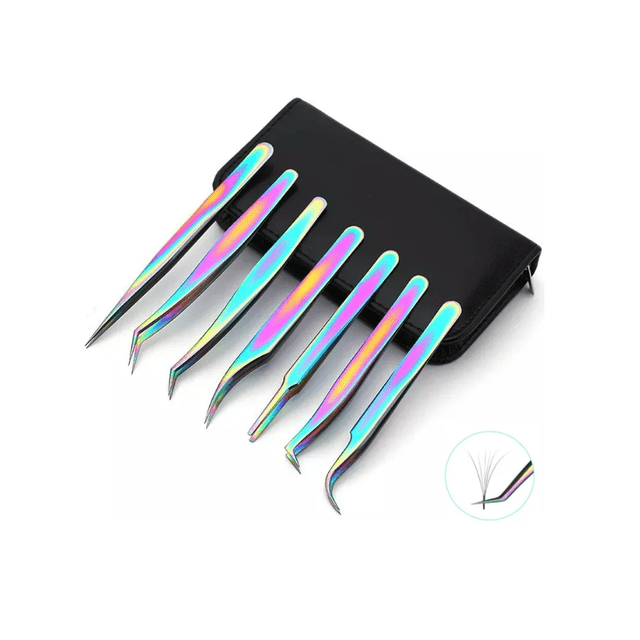 Set De 7 Pinzas Xtellar Para Pestañas Visón Camaleón Con Estuche
