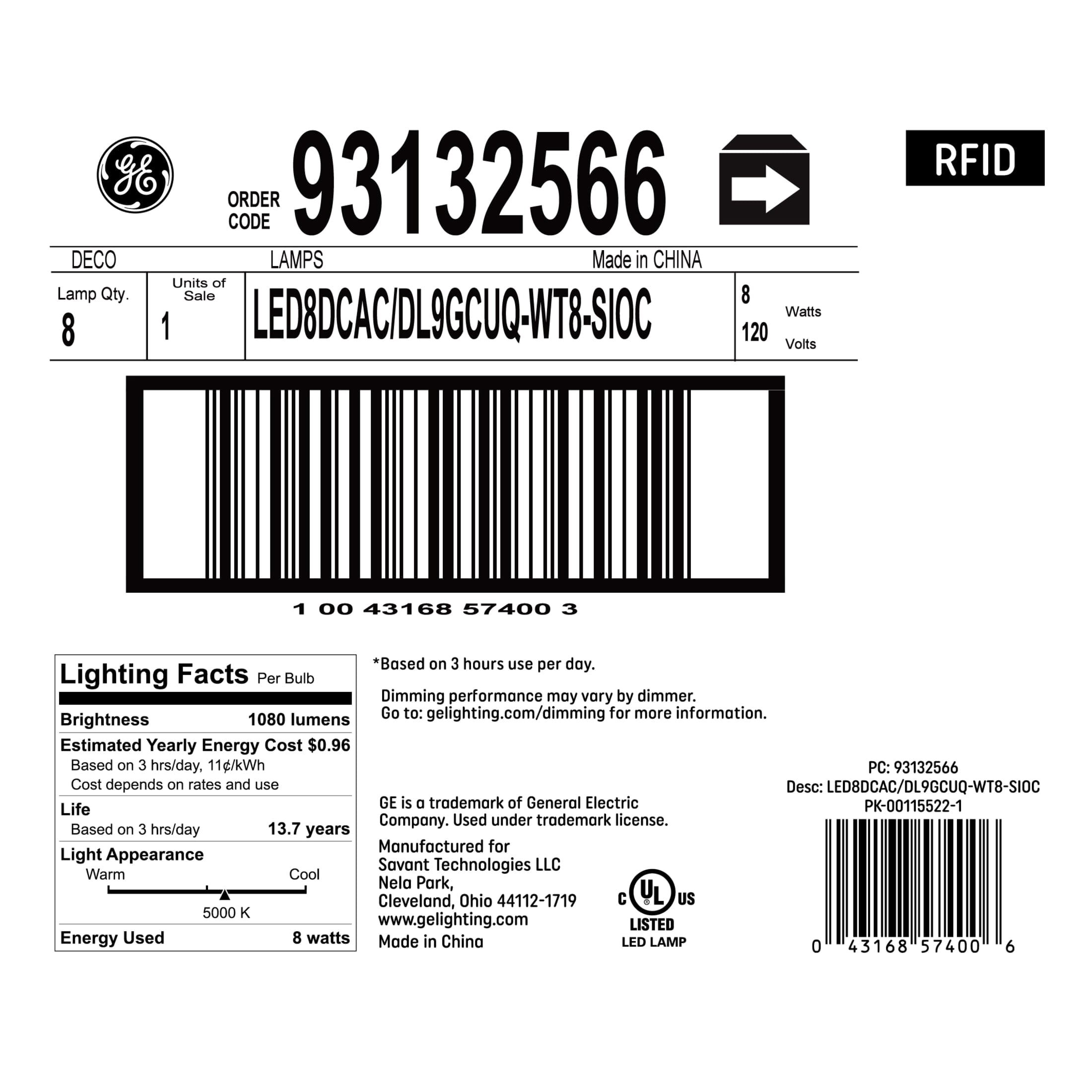 GE Ultrabright LED Light Bulbs, CAC Decorative Candle Bulbs, 100 Watt Replacement, Daylight (8 Pack)